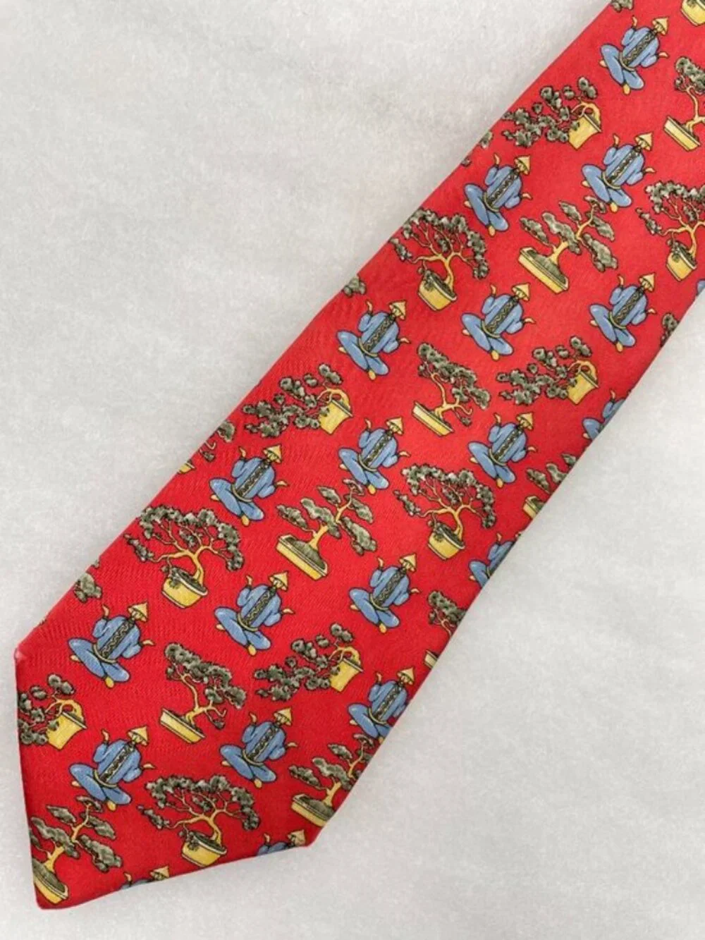 Alain Figaret Paris Silk Tie Red Meditating Yoga Monk Bonsai Tree France Made